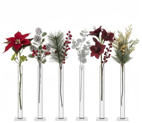 Roshtia 6 Pcs Magnet Flower Vase, Clear Vases Glass Test Tube with Adhesive Magnet Metal Base 7 x 0.6 Modern Table Decor for Home Office Wedding Suitable for Both Real and Artificial Flowers