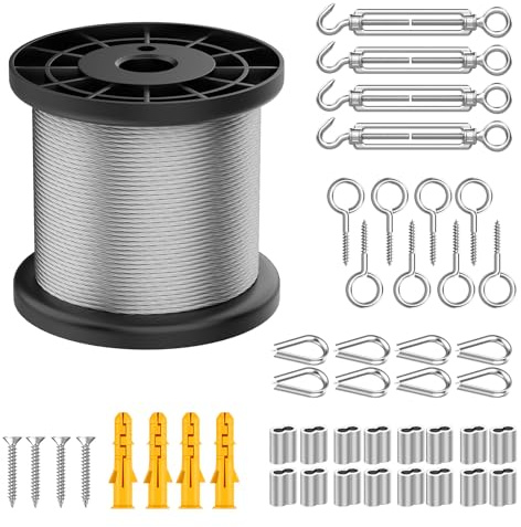 50m Garden Wire for Climbing Plants, 2mm Heavy Duty 304 Stainless Steel Cable Rope Kit, Multi-Purpose, Catenary Wire Kit with M5 Vine Eyes, for Trellis, Outdoor String Light Hanging