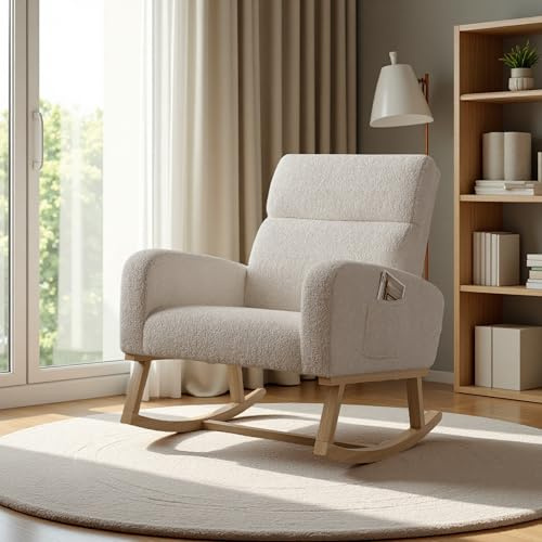 Fauteuil à bascule, fauteuil à bascule avec accoudoirs, chaise d'allaitement rembourrée avec poches latérales, fauteuil relax pour salon, chambre à coucher, chambre de bébé, balcon, laine d'agneau