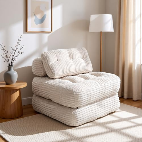 Claiks Folding Sofa Bed, Boneless Chair with Pillow Sleeper Sofa with Back Support, Sleeper Chair Portable Fold Out Chair Bed Comfy Foldable Mattress for Living Room, Beige, Single