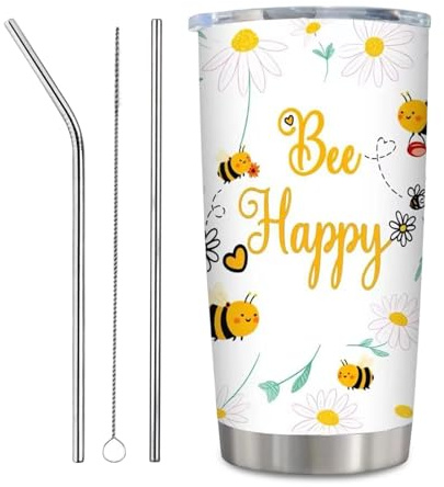 Nodrex Bee Tumbler Gifts for Women, Cute Bee Happy Stainless Steel Cups, Personalised Travel Mug 600ml, Insulated Leakproof Drinkware, Birthday Gifts for Women Friends, Funny Themed Presents