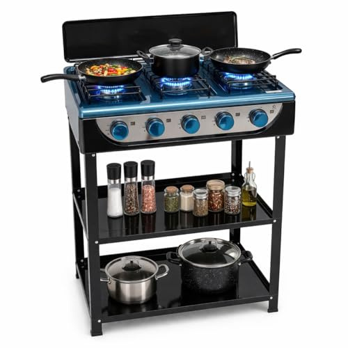 Cucina a Gas GPL 5 Fuochi da Esterno Cucinotto Portatile in Acciaio con 5 Bruciatori Potenti Piano Cottura con Paravento e Piedini Antiscivolo per Attività all'Aperto Campeggio