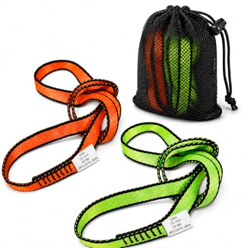Kletterschlinge 2er Pack 23KN | Bandschlinge Klettern 19mm | CE Zertifiziert | Nylon Bandschlinge für Yoga, Standplatzbau, Rettung | mit Netzbeutel (Orange+Grün, 120 cm / 48 Zoll | Pck 2)
