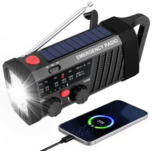 Radio Solar de Emergencia Radio de Manivela Carga USB para Teléfono Móvil Radio Meteorológica con Am/FM Iinterna Dinamo Alarma SOS Portátil y Recargable Casa y Camping