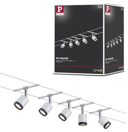 Paulmann 3981 TubeLED Wire System Spot Lights - Tension Wire Lighting w/ 5 Pendant Lights - Modern & Energy Efficient Warm White Ceiling Lights in Plastic White/Chrome 2700k 230/12V LED Hanging Lights