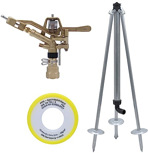 Agrarflora Kreis-und Sektorenregner VYR-65, 1 Zoll, Komplettset mit Dreibeinstativ und 12m PTFE-Dichtungsband, Kreisregner, Sektorenregner, Impulsregner, Teilkreisregner