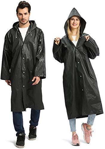 Opret 2 Stück Regenmantel Durchsichtiger Regenponcho für Damen Herren, Wiederverwendbar Wasserdicht Regencape Regenjacke, Eva Atmungsaktiv Regen Zubehör für Wandern Radfahren Reisen Camping Schwarz