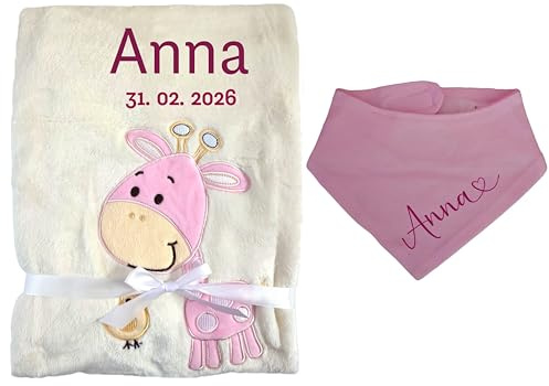 Babydecke Beige mit Giraffen Motiv ,Personalisiert mit Name und Geburtsdatum, Kuschlig Weich, Baby Halstuch rosa, Geschenk zur Geburt für Mädchen, Geschenkset Neugeborene (beige Giraffe rosa)