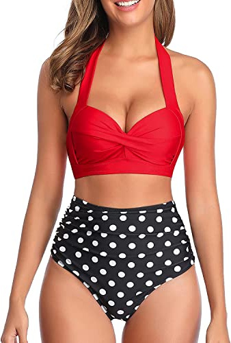 Tempt Me Women Two Piece Swimsuit High Waisted Bikini Halter Vintage Retro Bathing Suit Red Black Dot Push up Swimwear L