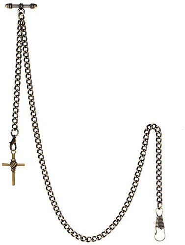 TREEWETO Taschenuhrkette mit T Bar Endstück Albert T-Bar Taschenuhr Kette mit Antiker Kreuz Anhänger und 2 Haken für Weste Knopfloch