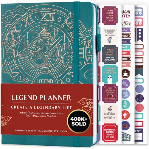 Legend Planner - Meilleur agenda hebdomadaire et calendrier mensuel pour augmenter la productivité, atteindre les objectifs et gérer le temps-maître - A5, non daté - Sarcelle Foncée, Feuille d'or