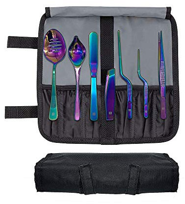 DOJA Barcelona | Kueche Chef Kochutensilien | Farbe: Regenbogen | 7 Utensilien Edelstahl Plating Kit | Kuechen-Werkzeug Koch Set | Deko Garnieren Gadgets | Pinzette, Schlitz, Loeffel, Spachtel Spatel
