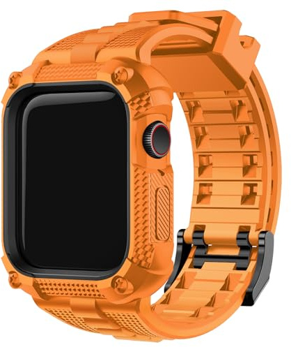 Fullmosa Compatible with Apple Watch Straps 44mm with Bumper Case for Men Women, TPU Rugged iWatch Strap for Apple Watch Series 6/5/4/SE/SE2/SE3, 44mm, Orange