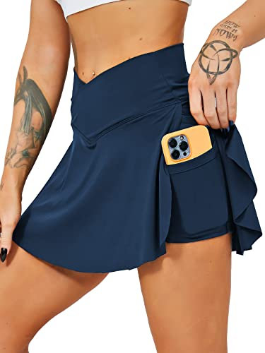 HAWILAND Jupe de Tennis Femme - Jupe Short Crossover Taille V-Ceinture Jupe Skort de Tennis avec Poches Jupe de Golf pour Cyclisme Randonnée Course, #1 bleu foncé., S