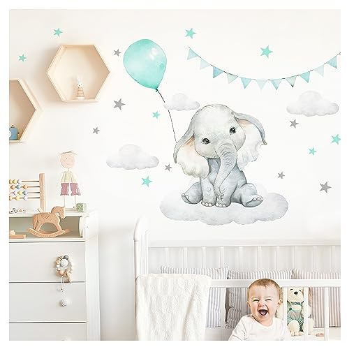 Little Deco Väggklistermärke, väggtatuering, barnrum, dekoration, flicka, pojke, djur, elefant, ballong, moln, klistermärke, babyrum, lekrum, väggbild, självhäftande, DL890-2
