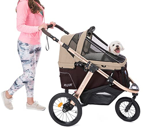 HPZ Pet Rover Run Performance Jogging Sports Stroller with Comfort Rubber Wheels/Zipper-Less Entry/1-Hand Quick Fold/Aluminum Frame for Small/Medium Dogs, Cats and Pets (Taupe)