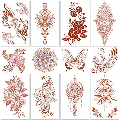 CUTELIILI Henna Temporary Tattoo, 12 Sheets Fake Tattoo, Waterproof Brown Tattoo Stickers for Women
