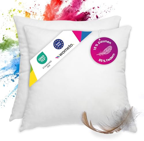 wometo Premium-line OekoTex - Juego de 2 almohadas de plumas y plumón, 85% plumas, 15% plumón, 40 x 40 cm, con relleno de 300 g, funda de algodón, color blanco