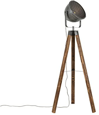 Qazqa Industrial Tripod Lampe, Tripod Leuchte - Emado - Grau, Holz, max. 40W, Geeignet für LED, 164cm, Ideal als Wohnzimmerlampe