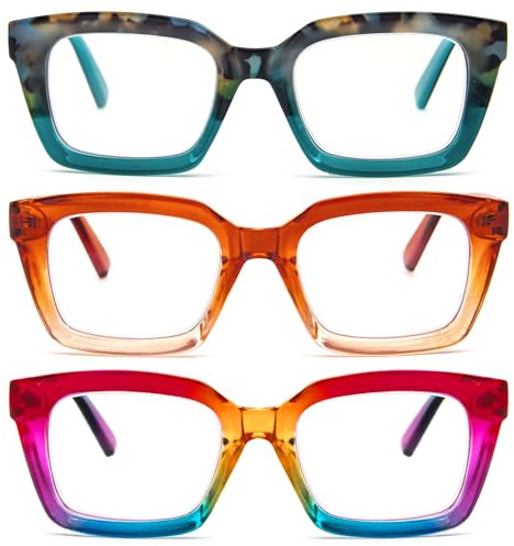 MMOWW 3-Pack Oversized Reading Glasses for Women - Anti Blue Light Glasses with Square Frame (Hawksbill blue+Orange+Rainbow, +2.0)