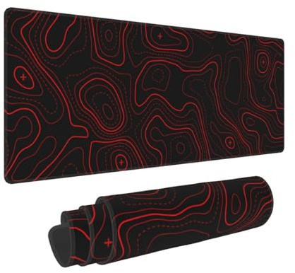 Red Minimalist Topographic Contour Mouse Pad XL Extended Mouse Mat, Non Slip Rubber Base Stitched Edge Gaming Pc Mousetop Large Mice Pad,31.5 X 11.8 Inch