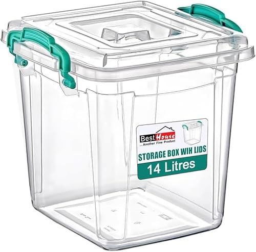 Best House Square Food Storage Containers Deep Clear Plastic Storage Box with Lids and Clip Handle - 2 PACK, BPA Free Storage Containers Microwave, Freezer & Dishwasher Safe (14 LITRES)