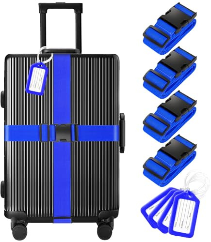 8 Pack Luggage Straps and Tags Set (4 Straps, 4 Tags), Luggage Straps for Suitcases TSA Approved Suitcase Belt Luggage Tags, Blue
