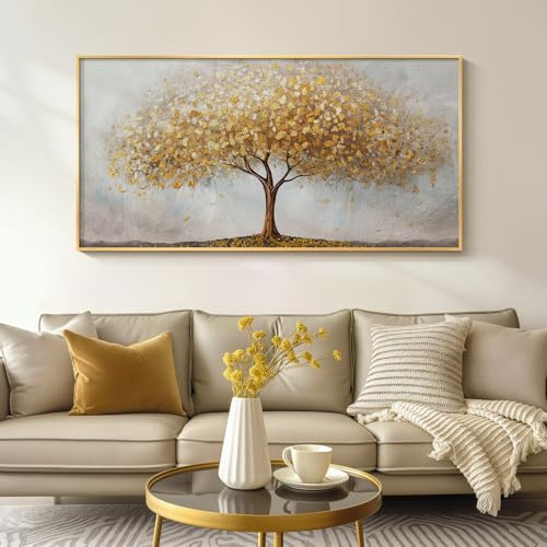 Large Framed Tree of Life Gold Wall Art, Modern Luxury Golden Big Tree Pictures for Living Room Fireplace Bedroom Kitchen Dining Room Office Wall Decor