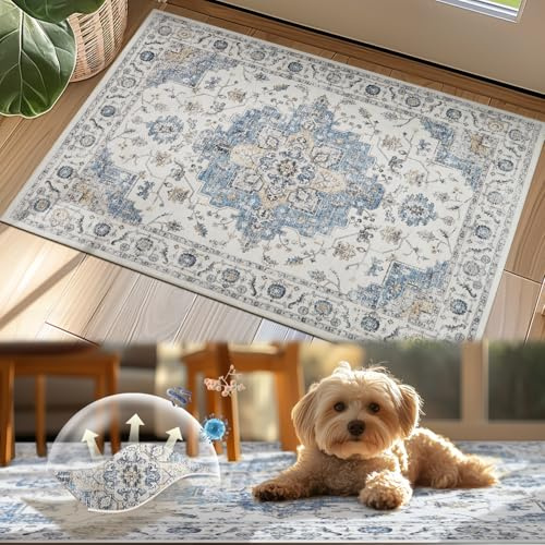 TOPICK Fußmatte Waschbar Fussmatte Innen Außen Kurzflor Retro Blau Blume Orientalischer Teppich 60x90cm Antibakterieller Faltbar rutschfest Türmatte für Haustür Eingangs Küche Patio Flur Schlafzimmer