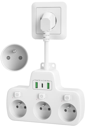 Multiprise Murale avec Interrupteur Individuel,3 Prises Françaises | Prise Multiple de Terre 16A 2P + T, Triplette Electrique USB C Chargeur Adaptateur Bureau Cuisine, Câble Court 0,1m, Blanc