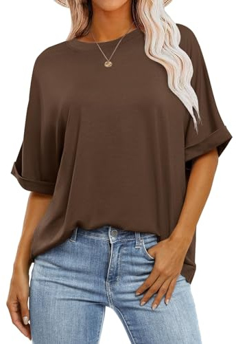 Cuptacc Top Mujer Oversize Camiseta Mujer Verano Escote Redondo Moda Top Blusa Manga Corta Suelta Marrón Oscuro Grande L 42-44