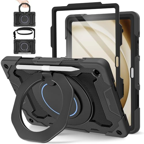 ROISKIN Samsung Galaxy Tab A9 Plus Case 11 Inch 2023 (SM-X210/215/216) | Heavy Duty Rugged Tab A9+ Plus Cover with Screen Protector & 360 Rotating Stand & Shoulder Strap & Pencil Holder,Black