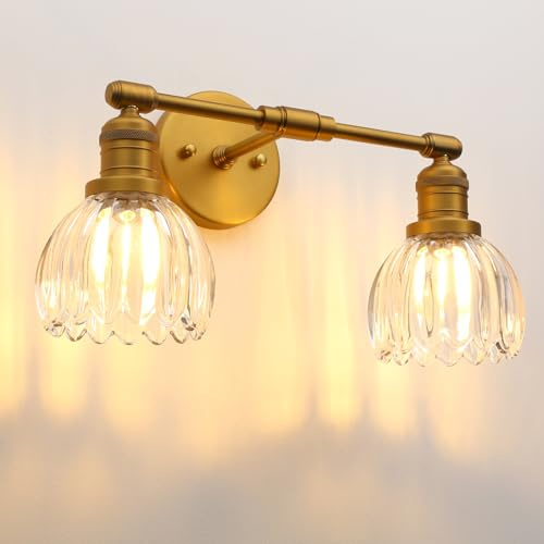 Pathson 2-Lumières Applique Murale Intérieure, Lampe Murale Salle de Bain | Applique Salle de Bain Vintage avec Abat-jour en Verre Tulipes, Câble E27 Luminaire pour Salon Chambre Cuisine Couloir Maison