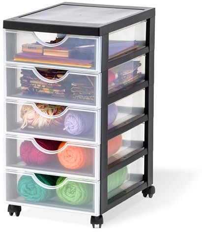 Iris Ohyama, Tour de rangement à Roulettes en Plastique, 5 Petits Tiroirs, Noir, Ouverture Facile, Meuble de Rangement, Papeterie, pour Chambre, Salle de Bain, École & Bureau, Sans BPA, DDDC-350
