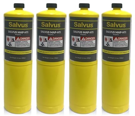4pcs Salvus MAP-HTi Propylene Gas Cylinder 400g – MAP Pro Gas Blowtorch Fuel >99.5% Ultra-Pure CGA600 Compatible– Hotter Than Propane Gas Bottle – LPG/Map Gas Cylinder for Brazing, Welding & Soldering