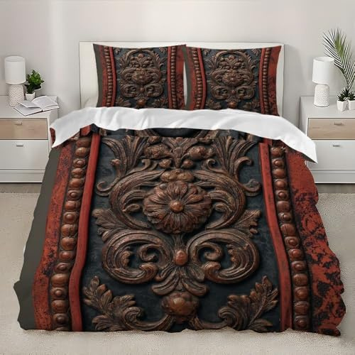 Soft Microfiber 3D Duvet Cover Set Euro Size 60x79 inch Retro Carving Bedding Set 3-piece with Zipper Red Comfortable and Hypoallergenic Quilt Cover for Kids Teens Adults Bedroom