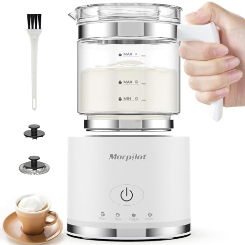Milk Frother, Morpilot Montalatte Elettrico in Vetro, 4 in 1 Funzione, Bello da Vedere, Capacità 250ml Cappuccino o 500 ml Latte Caldo, Design Diviso, Bianco