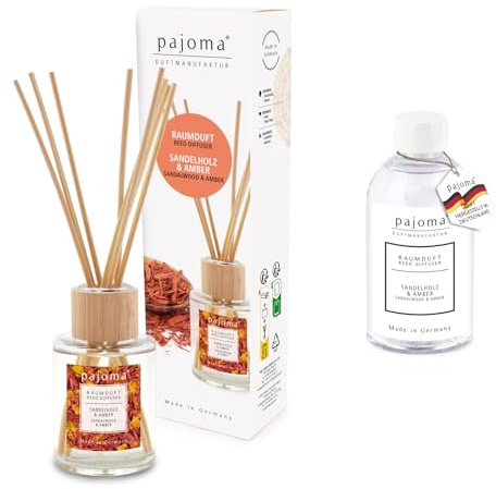 pajoma® Raumduft Sandelholz & Amber 100 ml + Nachfüller 250 ml | Komplett-Set mit Rattanstäbchen | Langanhaltender Diffuser, Premium Qualität