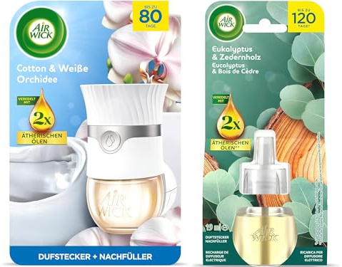 Air Wick Duftstecker Starter-Set Paket inklusive 1 Geräte & 1 x 13ml Cotton & Weiße Orchidee Nachfüller & 1 x Eukalyptus & Zedernholz 19ml Nachfüller