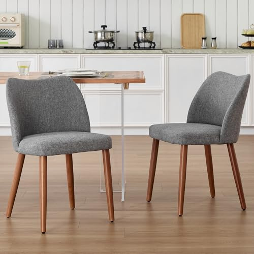DAYALANE Lot de 2 Chaises Salle à Manger en Lin Chaise de Cuisine avec Pieds en Bois Massif Scandinave Chaises Rembourrée pour Cuisine Salon et Bureau, Gris