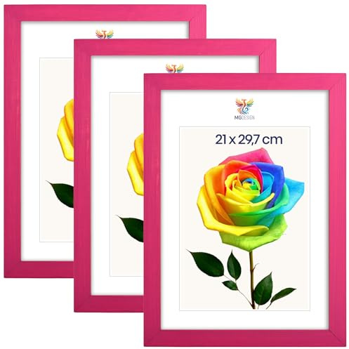 MG Design Set da 3 cornici portafoto A4 21 x 29,7 cm – Cornici in legno Rosa con vetri acrilici infrangibili, verticale e orizzontale, da appendere e da appoggiare