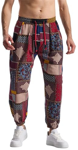 Herr bomull linnebyxor tryckta byxor män säckiga hippiebyxor yoga fritidsbyxor manschett harembyxa hippy lounge byxor dragsko retro stil byxa ledig andningsbar träningsbyxor, BLÅ, M