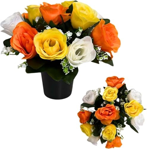 Pack 1 Artificial Flowers for Graves in Pots 25cm | 12 Head White/Yellow/Orange Grave Flower Pots for Christmas | Luxury Memorial Flowers for Graves, Funerals & Lasting Tributes | All Season Displays