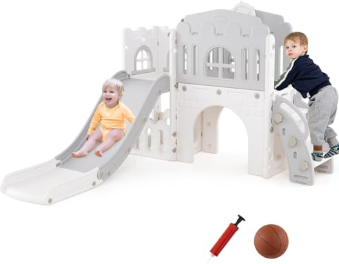 COSTWAY Toddler Slide, 9 in 1 Kids Slide Playset with Basketball Hoop, Telescope, Steering Wheel, Aisle, Tunnel & Storage Space, Indoor Playground for Boys Girls Ages 1+ (Gray)