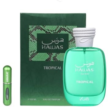Rasasi Hawas Tropical Eau de Parfum 100 ml, profumo arabo da uomo, a lunga durata, con atomizzatore ricaricabile, fragranza con note d'acqua di cocco, fico, menta e fagiolo tonka (Hawas tropicale)