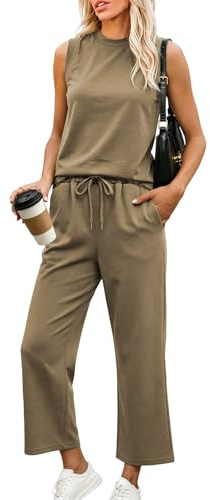 Rayson Tuta Estiva Donna Sportiva con Scollo Rotondo Tuta Sportiva Donna Estiva Senza Maniche e Pantaloni Elegante per Jogging Casa(Kaki,XL)