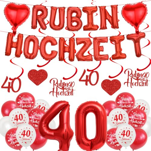 40 Hochzeitstag Rubinhochzeit Deko Luftballons - 43 Stück Rubin 40 Hochzeit Banner Zahl40 Herz Folienballons Liebesspirale Konfetti Ballons Für Jubiläum Hochzeit Geburtstag Brautdusche Valentinstag
