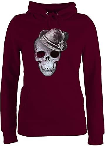 Pullover Damen Hoodie Frauen - Kompatibel Oktoberfest - Totenkopf mit Filzhut - M - Burgundrot - trachtenhoody bayrische skull fun-kapuzenpullover trachtenpullover bayrisch bayernhut kapuzenpullover