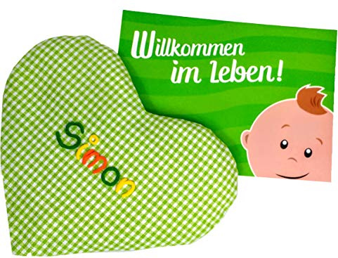 Grünes Baby Geschenkset 2-teilig mit Namen, aus Wärmekissen und Geschenkkarte Geschenk zur Geburt, Taufgeschenk für Jungen