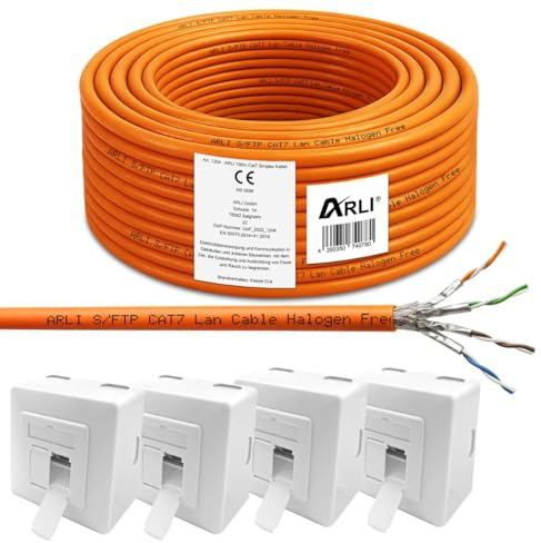 ARLI CAT 7 100m Verlegekabel Netzwerkkabel CAT.7 + 4x Cat6a Netzwerkdose LAN Halogenfrei Installationskabel S/FTP CAT7 PIMF Kabel Netzwerk Verkabelung Datenkabel AWG23/1 100 m Netzwerk Cat 6a Dose